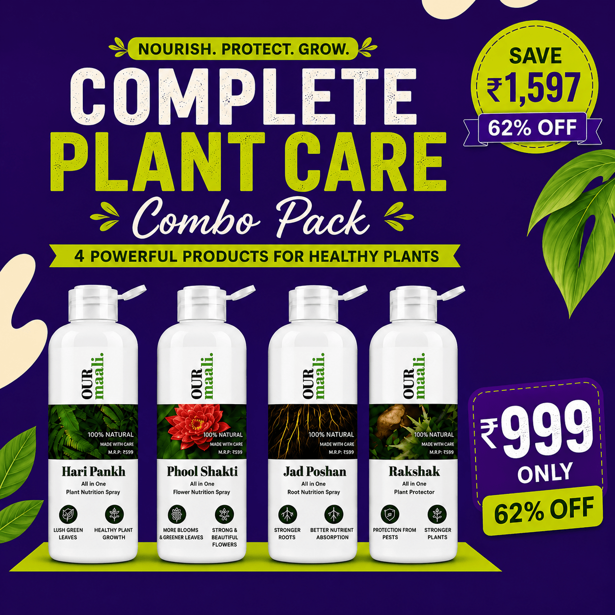 OurMaali Complete Plants Care Combo- 4 Bottle Pack.