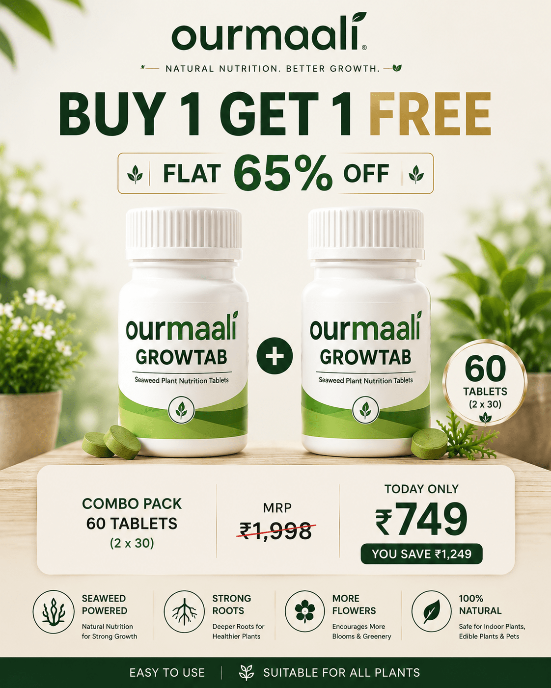 OurMaali GrowTab Combo | 60 Seaweed Nutrition Tablets for Strong Roots, Faster Growth & More Flowers